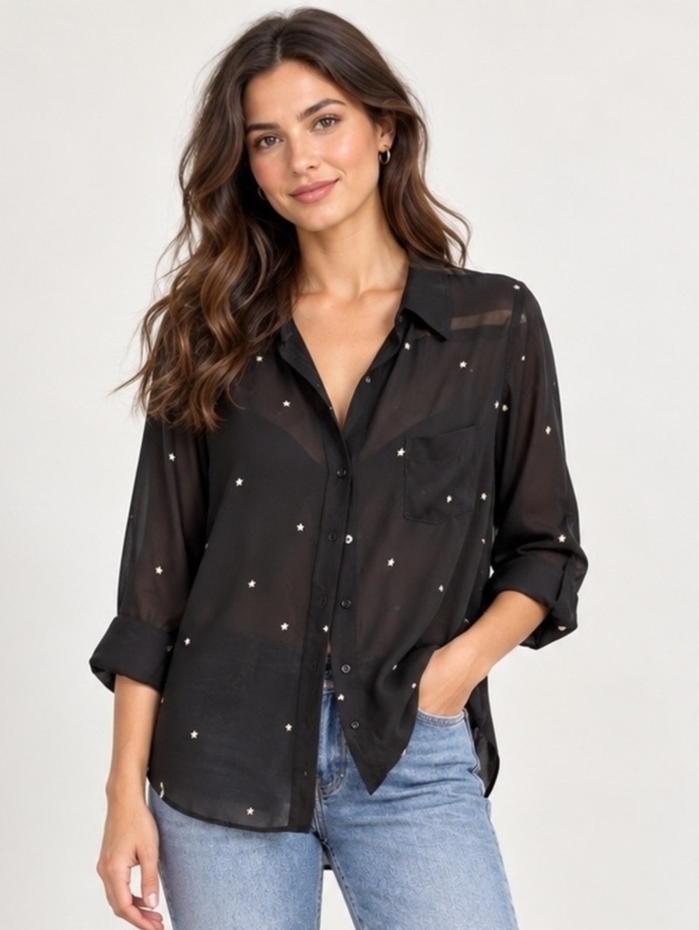 L’AGENCE Nina Star Print Button-Down Blouse Navy Size M